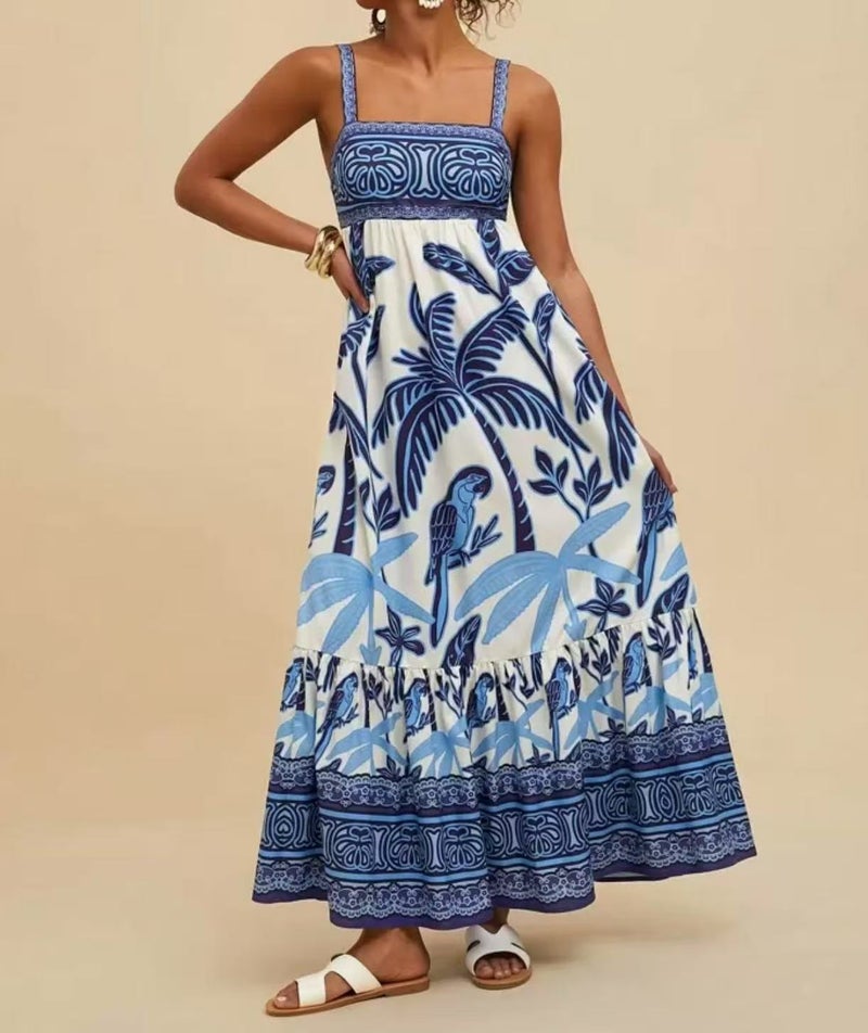 Fashion Women's Printed High Waist Maxi Dress with Spaghetti Straps - Image 2