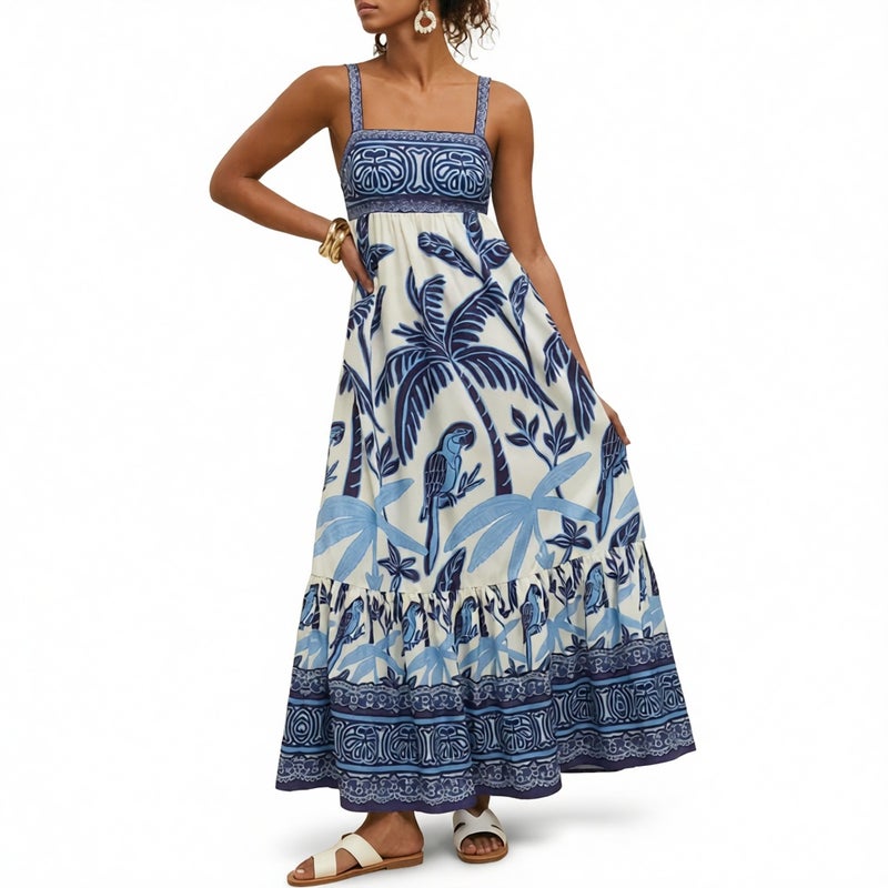 Fashion Women's Printed High Waist Maxi Dress with Spaghetti Straps - Image 1