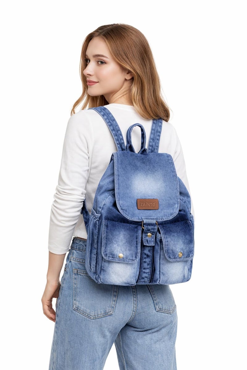 ZAINTO Stylish Denim Flap Backpack for Women & Men Lightweight, Durable, and Spacious Bag for Travel, School, or Daily Use|4 1|Blue|20 liters - Image 2