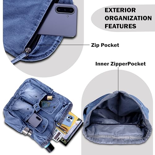 ZAINTO Stylish Denim Flap Backpack for Women & Men Lightweight, Durable, and Spacious Bag for Travel, School, or Daily Use|4 1|Blue|20 liters - Image 3