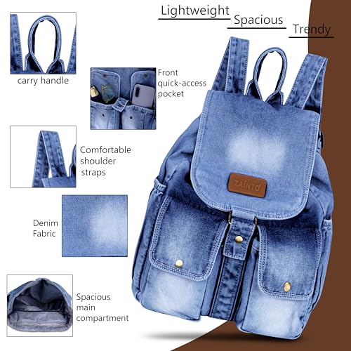 ZAINTO Stylish Denim Flap Backpack for Women & Men Lightweight, Durable, and Spacious Bag for Travel, School, or Daily Use|4 1|Blue|20 liters - Image 5