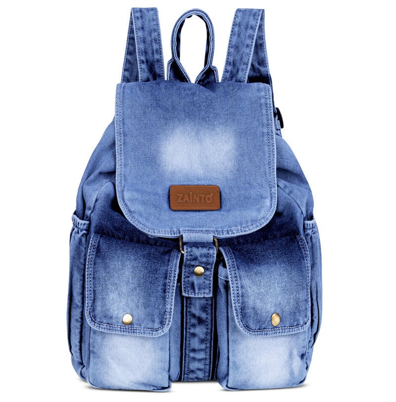 ZAINTO Stylish Denim Flap Backpack for Women & Men Lightweight, Durable, and Spacious Bag for Travel, School, or Daily Use|4 1|Blue|20 liters - Image 1