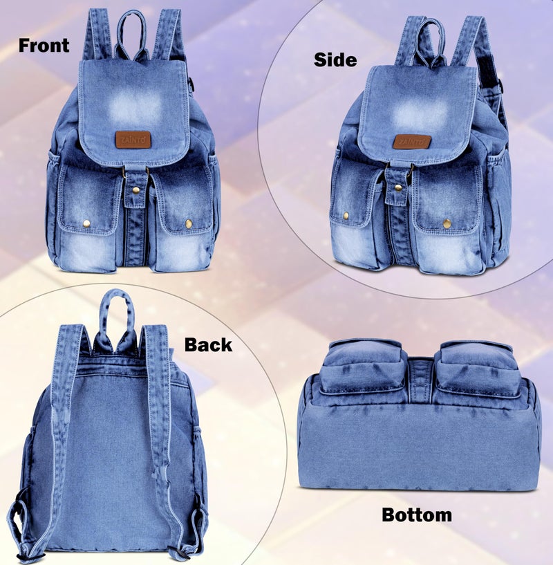 ZAINTO Stylish Denim Flap Backpack for Women & Men Lightweight, Durable, and Spacious Bag for Travel, School, or Daily Use|4 1|Blue|20 liters - Image 4