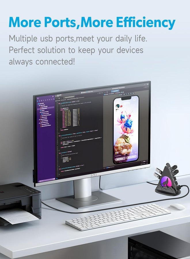 JoyReken USB Hub 3.0, 7-Port USB Hub with RGB Night Light and Base, Vertical USB a Splitter for Desktop,Laptop, MacBook, Xbox, PS4/5, Game Console, Flash Drive, XPS, PC, Printer, Camera, Keyboard - Image 4
