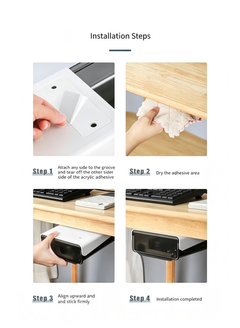 Under Desk Drawer Organizer, Self-Adhesive Hidden Storage Drawer, Stick-On Desk Drawer, Hanging Desk Organizer, Under Table Storage Box for Office, Home, School Supplies, Stationery, Makeup, Small Items - Image 3