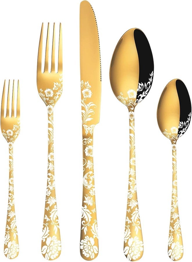 KESESU Silverware Set, KESESU 20 Pieces Stainless Steel Square Flatware Cutlery Set for 4, Modern Tableware Eating Utensils for Kitchen, Matte Finish, Dishwasher Safe – Rainbow (5, Gold) - Image 1