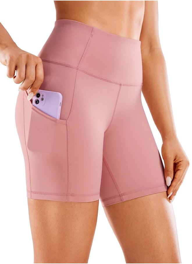 CRZ YOGA Women's Naked Feeling Light Running Shorts 6 Inches - High Waisted Gym Biker Compression Shorts with Pockets Pink Puff X-Small  - Image 1