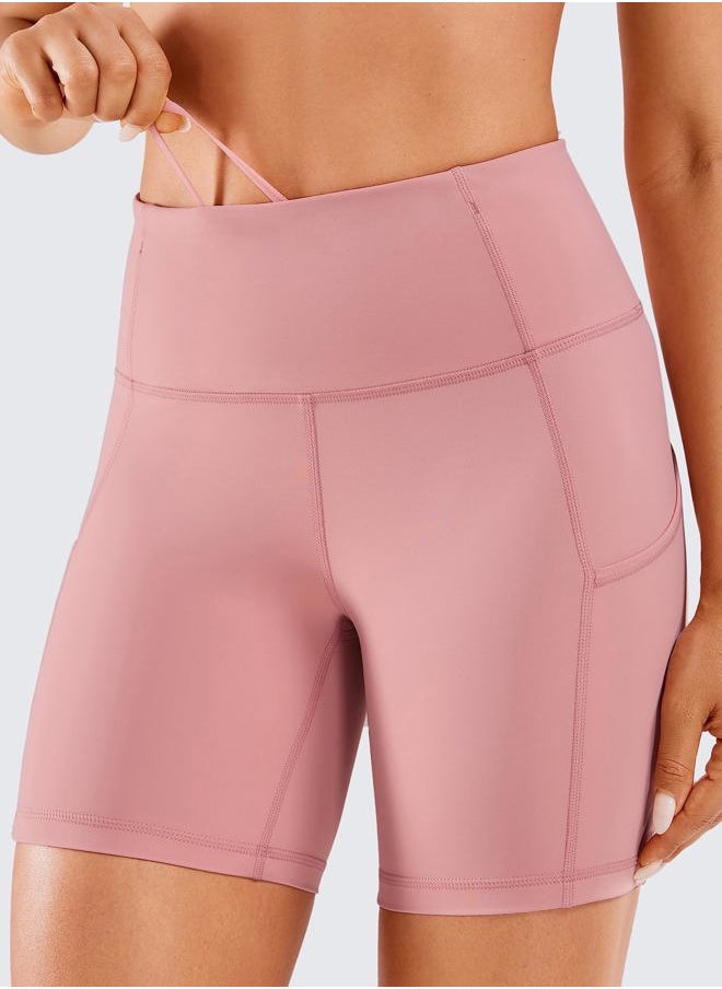 CRZ YOGA Women's Naked Feeling Light Running Shorts 6 Inches - High Waisted Gym Biker Compression Shorts with Pockets Pink Puff X-Small  - Image 3