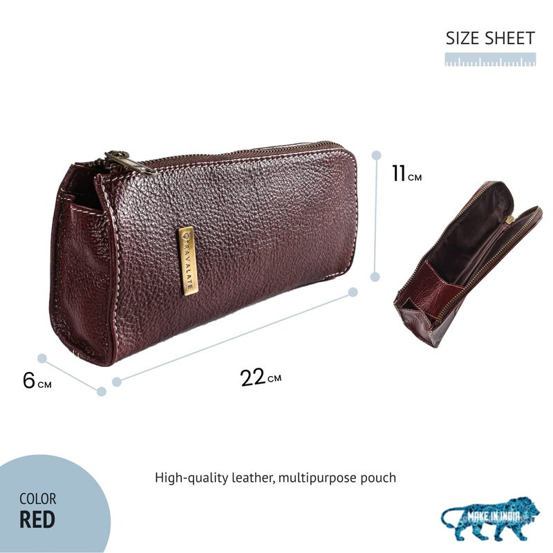 TRAVALATE Leather Utility Bag Pen Pencil Holder for Office & School – Zipper Stationary Utility Bag Pencil Kit for Girls, Boys, Kids, Men/Women or Job Workers (L22 X W6 X H11) CM -Red - Image 2