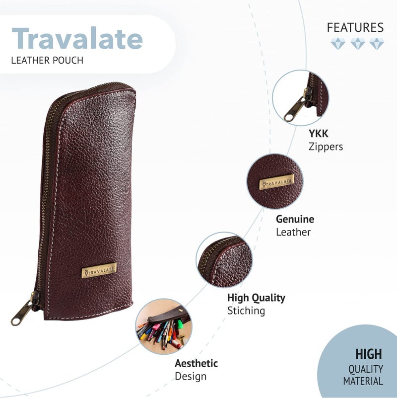 TRAVALATE Leather Utility Bag Pen Pencil Holder for Office & School – Zipper Stationary Utility Bag Pencil Kit for Girls, Boys, Kids, Men/Women or Job Workers (L22 X W6 X H11) CM -Red - Image 3