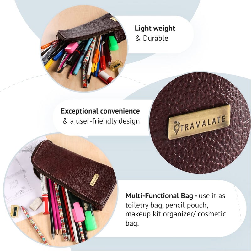 TRAVALATE Leather Utility Bag Pen Pencil Holder for Office & School – Zipper Stationary Utility Bag Pencil Kit for Girls, Boys, Kids, Men/Women or Job Workers (L22 X W6 X H11) CM -Red - Image 4