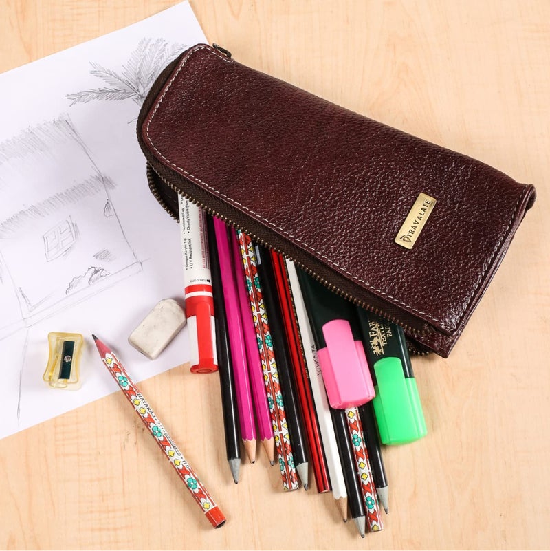 TRAVALATE Leather Utility Bag Pen Pencil Holder for Office & School – Zipper Stationary Utility Bag Pencil Kit for Girls, Boys, Kids, Men/Women or Job Workers (L22 X W6 X H11) CM -Red - Image 5