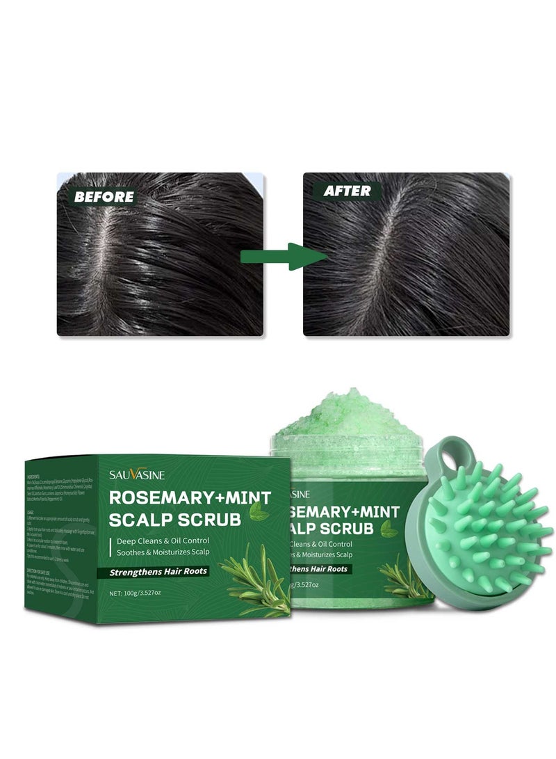 SAUVASINE Scalp Scrub with Massager, 2-in-1 Scalp Treatment withs Mint Oil, Rosemary Scalp Exfoliator Scrub Shampoo, Hair Treatment to Clarify and Remove Build Up , 100g, 3.5oz