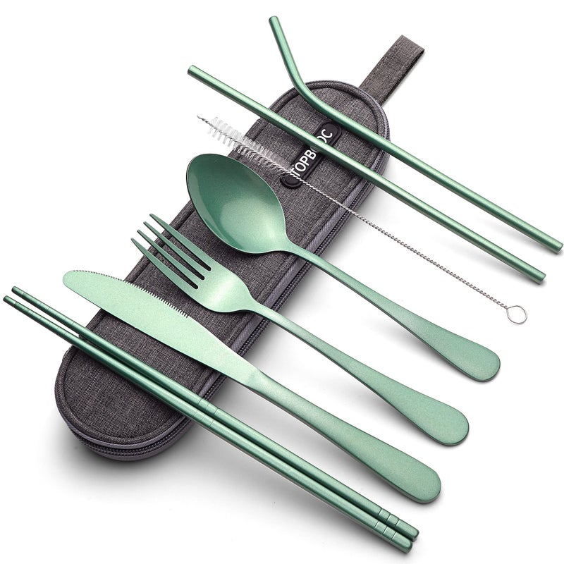 Portable Stainless Steel Flatware Set Travel Camping Cutlery Set Portable Utensil Travel Silverware Dinnerware Set with a Waterproof Case Green