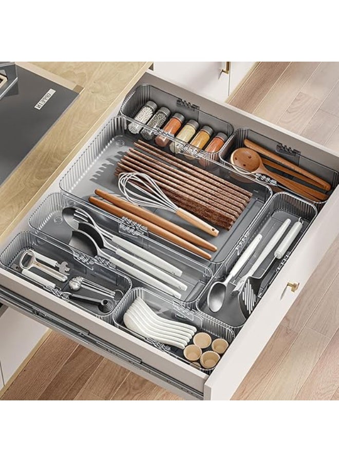 Adjustable Drawer Organizer (3 PCS Set) - Clear Extendable Cutlery Tray & Plastic Divider for Kitchen, Office & Desk Storage-large, medium, small - Image 1