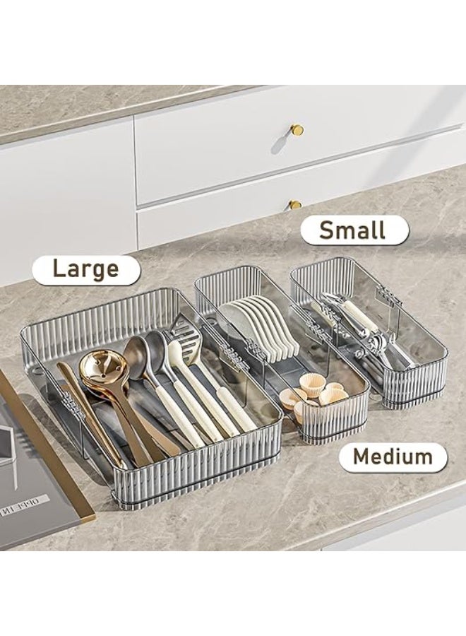 Adjustable Drawer Organizer (3 PCS Set) - Clear Extendable Cutlery Tray & Plastic Divider for Kitchen, Office & Desk Storage-large, medium, small - Image 2