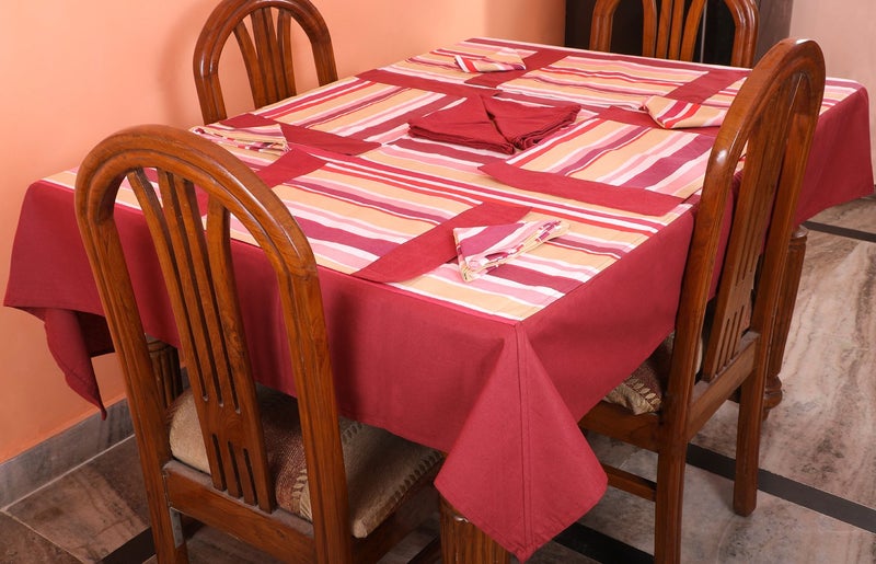 Dekor World Stripe Printed Maroon Table Cover with Place Mat & Napkin (Pack of 19) - Image 1