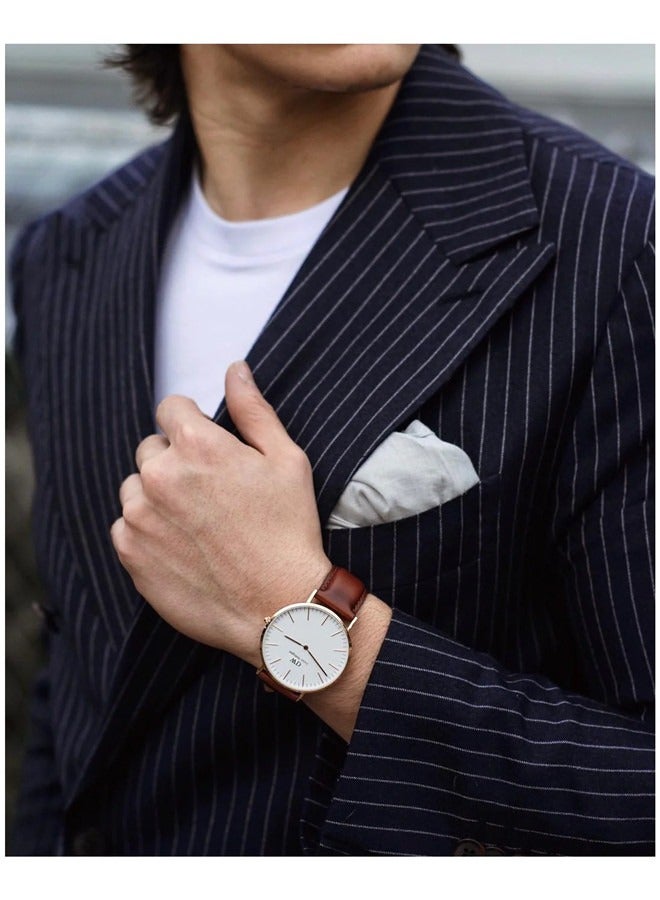 Daniel Wellington Classic St Mawes Eggshell White Round Watch for Men 40mm Dial with Brown Leather Strap DW00100006