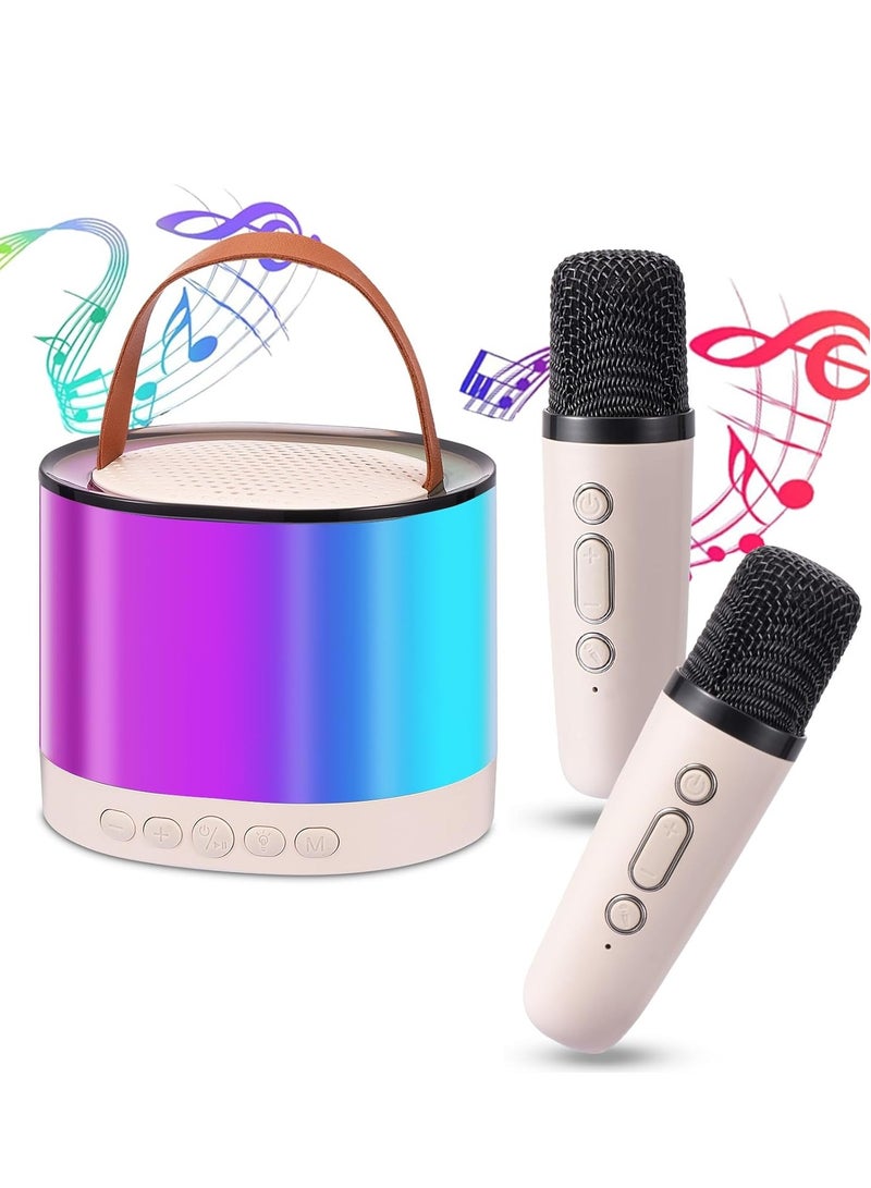 DIGI CORE Mini Karaoke Machine For Kids, Kids Karaoke Machine With 2 Microphone, Portable Karaoke Microphone For Kids Toys Birthday Gift Support TF/AUX Karaoke Speaker With Multi Colors LED Lights Beige - Image 1