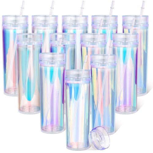 Tujoe 12 Pack Iridescent Skinny Plastic Tumbler with Straw Iridescent Insulated Coffee Mug with Lids and Straws for Bachelorette Party Gifts Disco Birthday Wedding (16 oz) - Image 1