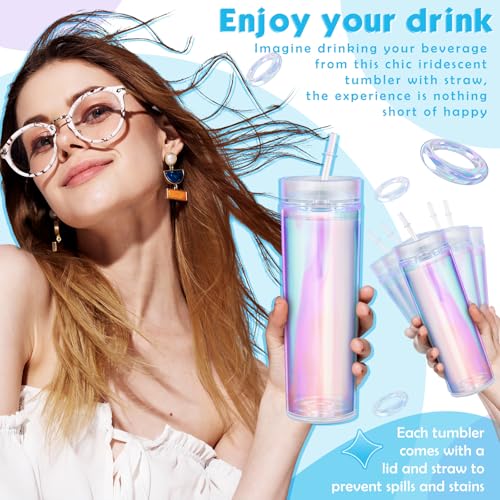 Tujoe 12 Pack Iridescent Skinny Plastic Tumbler with Straw Iridescent Insulated Coffee Mug with Lids and Straws for Bachelorette Party Gifts Disco Birthday Wedding (16 oz) - Image 4