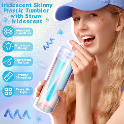 Tujoe 12 Pack Iridescent Skinny Plastic Tumbler with Straw Iridescent Insulated Coffee Mug with Lids and Straws for Bachelorette Party Gifts Disco Birthday Wedding (16 oz) - Image 3