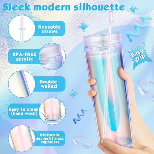 Tujoe 12 Pack Iridescent Skinny Plastic Tumbler with Straw Iridescent Insulated Coffee Mug with Lids and Straws for Bachelorette Party Gifts Disco Birthday Wedding (16 oz) - Image 2