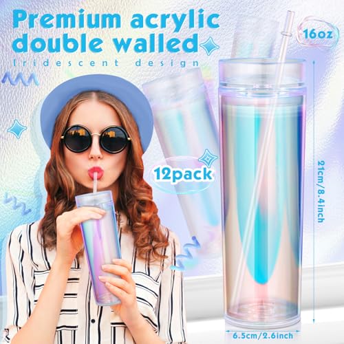 Tujoe 12 Pack Iridescent Skinny Plastic Tumbler with Straw Iridescent Insulated Coffee Mug with Lids and Straws for Bachelorette Party Gifts Disco Birthday Wedding (16 oz) - Image 5