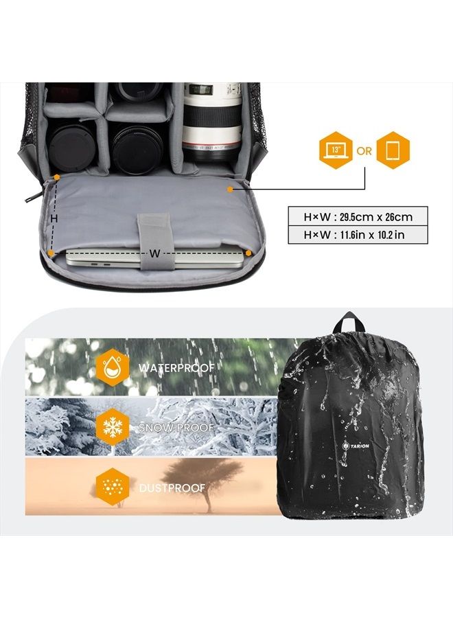 TARION Camera Bag Professional Camera Backpack Case with Laptop Compartment Waterproof Rain Cover for DSLR SLR Mirrorless Camera Lens Tripod Photography Backpack for Women Men Photographer Black TB-S(  - Image 5