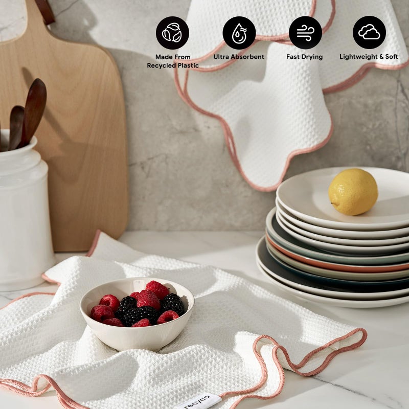 RECYCO Waffle Kitchen Towel Set of 2 - Quick Dry Microfiber Sustainable Dish Towels - Ultra Absorbent Reusable Cleaning Tea Towels - Lightweight Hand Towels,16â€x 28â€, Coral Pink - Image 2