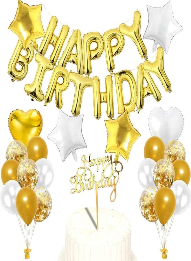 Secret Golden Birthday Party Decoration, Golden Happy Birthday Balloons Banner, Star and Heart Foil Balloons, Golden confetti balloons, Golden Birthday Decorative set