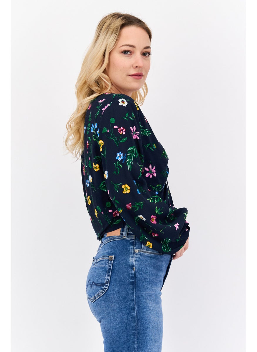 Pepe Jeans Women Key Hole Neck Long Sleeve Allover Print Crop Top, Navy Combo  - Image 4