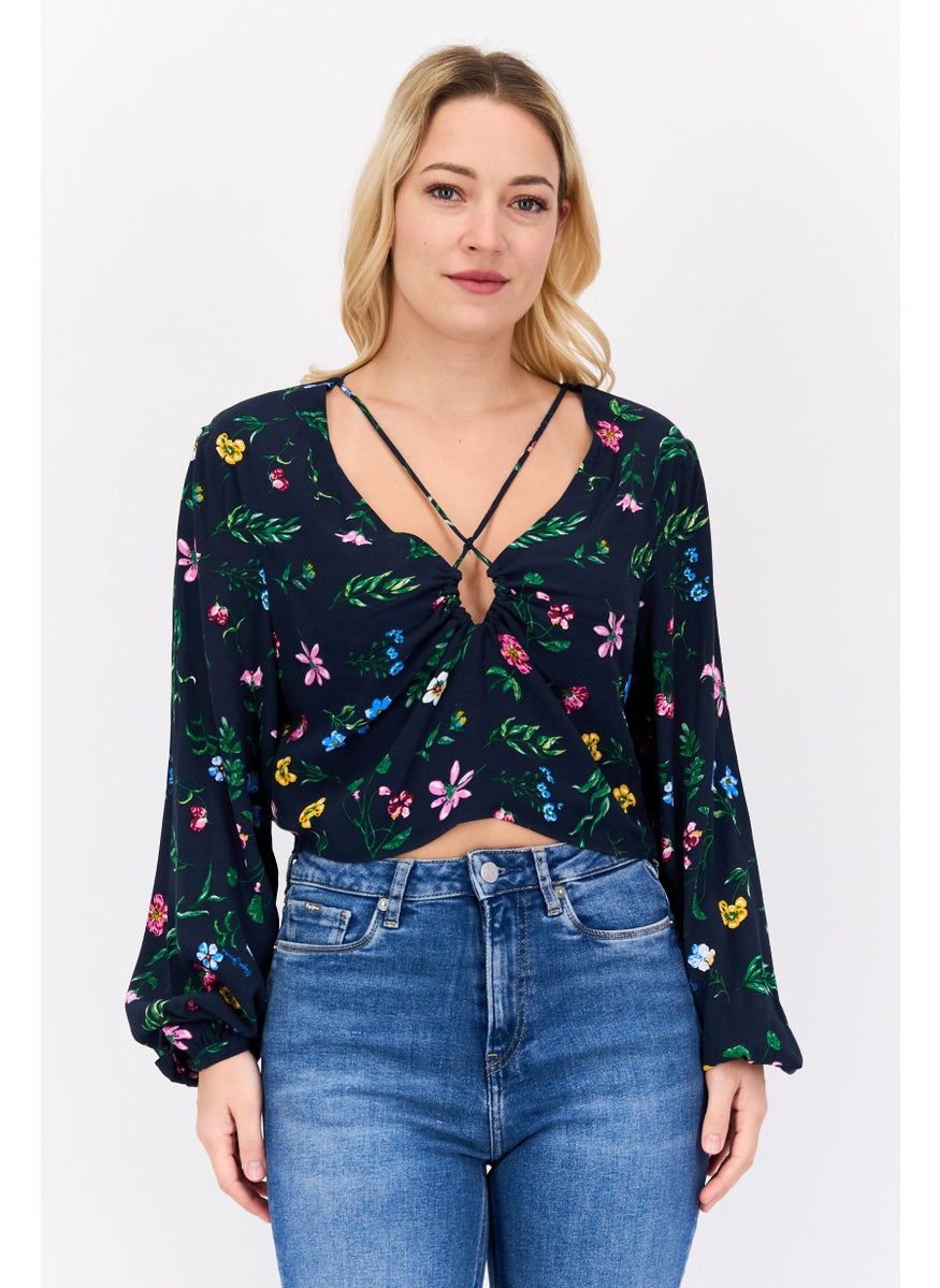 Pepe Jeans Women Key Hole Neck Long Sleeve Allover Print Crop Top, Navy Combo  - Image 1