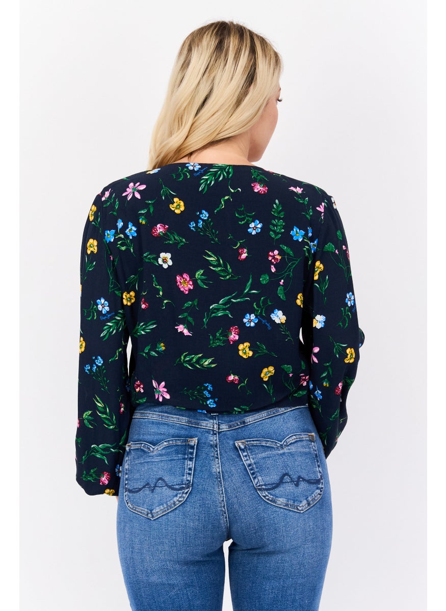 Pepe Jeans Women Key Hole Neck Long Sleeve Allover Print Crop Top, Navy Combo  - Image 2