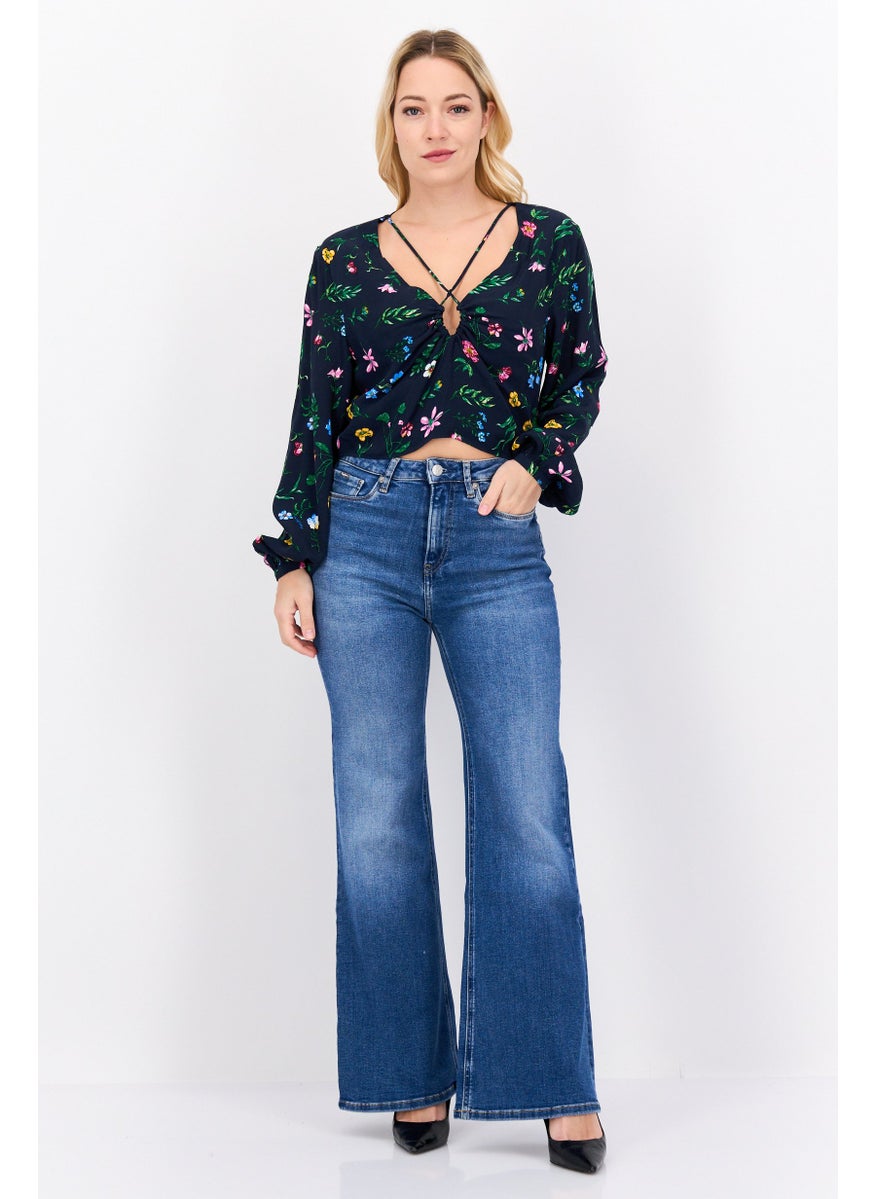 Pepe Jeans Women Key Hole Neck Long Sleeve Allover Print Crop Top, Navy Combo  - Image 3