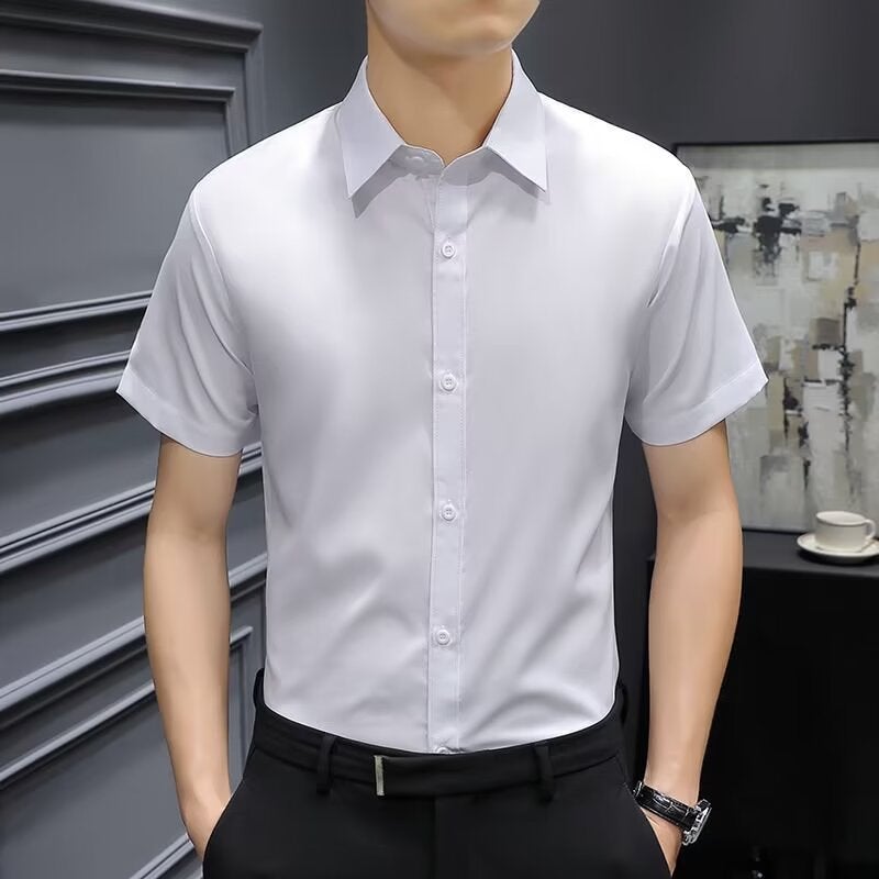 Mens Short-sleeved Shirt 2024 Spring and Summer Slim-fit Work Top Business Casual Solid Color Half-sleeved Shirt White