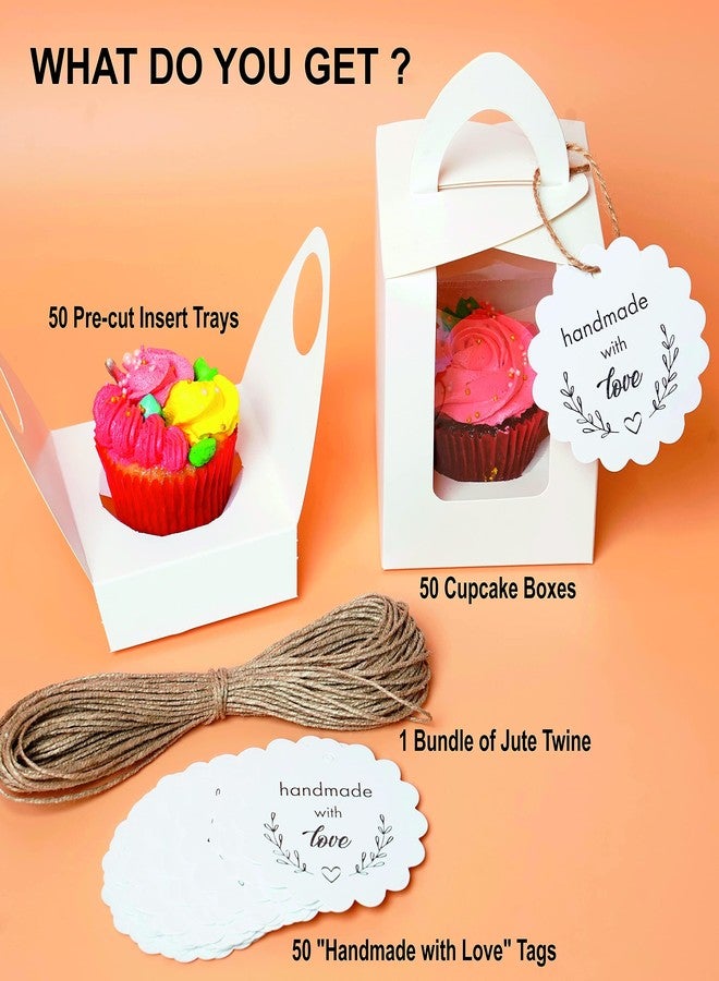 mudrit Paper White Cupcake Boxes (Pack of 50), Single Cupcake Carrier With Window, Insert And Handle For Pastry, Muffins, Cookies, Macaroons | Party Favor Packing - Image 4