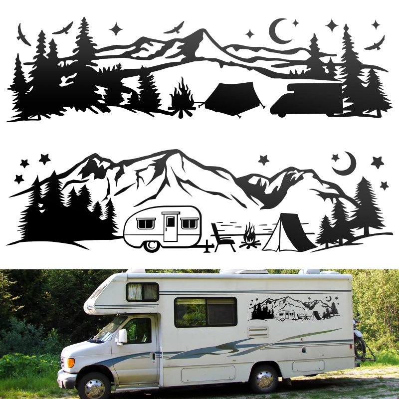 Linkstyle 2pcs Car Stickers, RV Camping Forest Mountain Vinyl Decals with Trees and Stars, Die Cut Sticker Decoration for Motorhome Van SUV Travel Trailer - Image 1