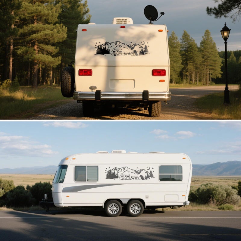 Linkstyle 2pcs Car Stickers, RV Camping Forest Mountain Vinyl Decals with Trees and Stars, Die Cut Sticker Decoration for Motorhome Van SUV Travel Trailer - Image 5