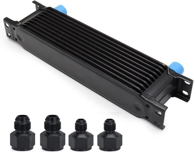 HTRACING 10 Row AN10 10AN Transmission Oil Cooler Kit Stacked Plate With 6AN 8AN Adapter Universal Engine Transmission British Radiator Oil Cooler Condenser Aluminium Alloy Black - Image 1