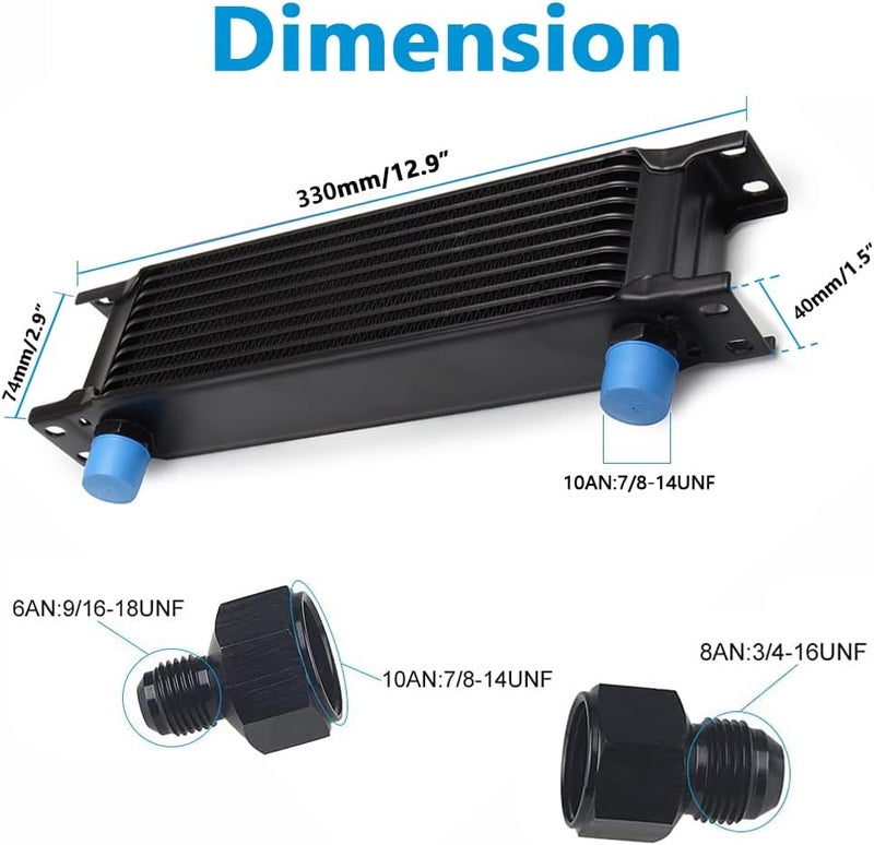 HTRACING 10 Row AN10 10AN Transmission Oil Cooler Kit Stacked Plate With 6AN 8AN Adapter Universal Engine Transmission British Radiator Oil Cooler Condenser Aluminium Alloy Black - Image 2