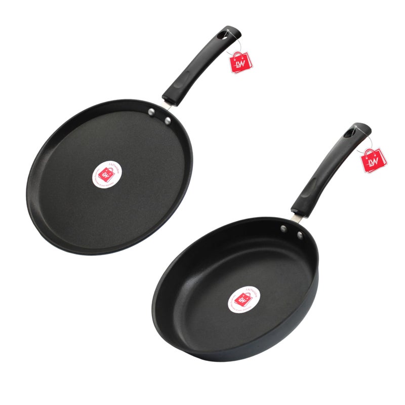 LAZYwindow Nonstick Cookware Combo - Fry Pan (22cm Dia) + Tawa (24cm Dia). Black - Image 1