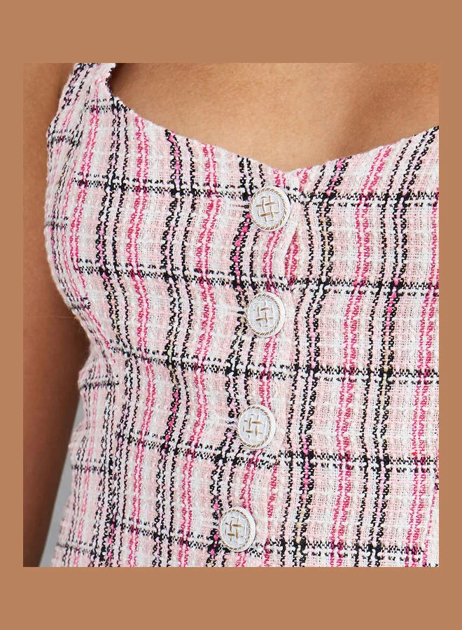 Take Two Sweetheart Neck Button Up Tweed Cami Top