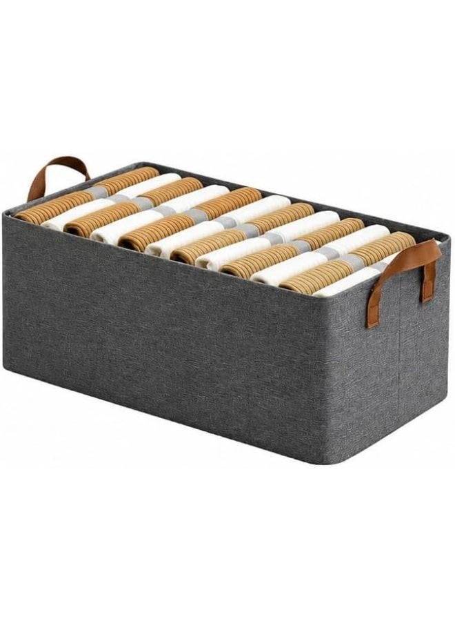 Fabric storage box with a rigid frame for closets, stackable clothing organizer basket with leather handles, gray. - Image 1