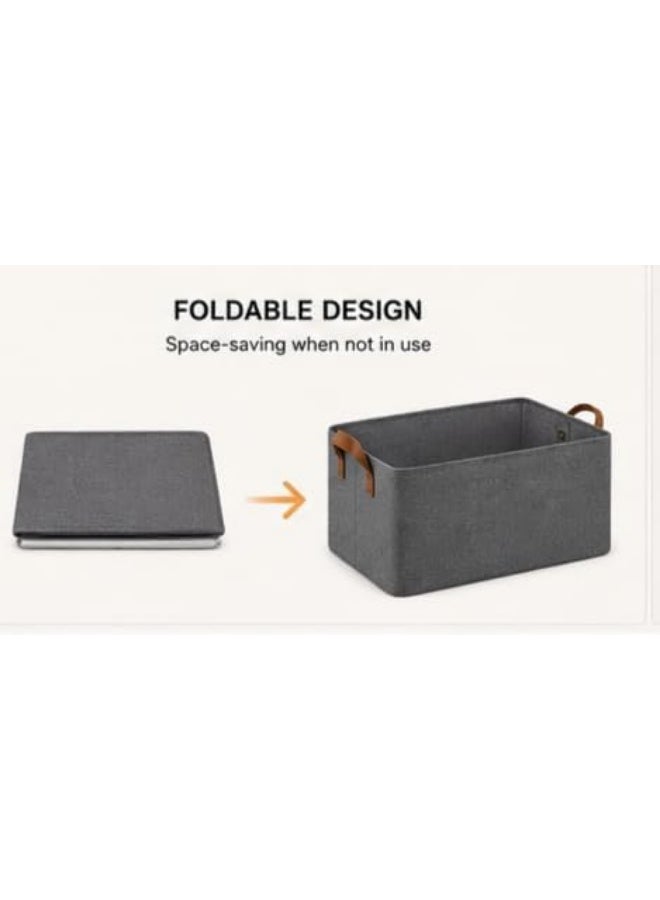 Fabric storage box with a rigid frame for closets, stackable clothing organizer basket with leather handles, gray. - Image 3