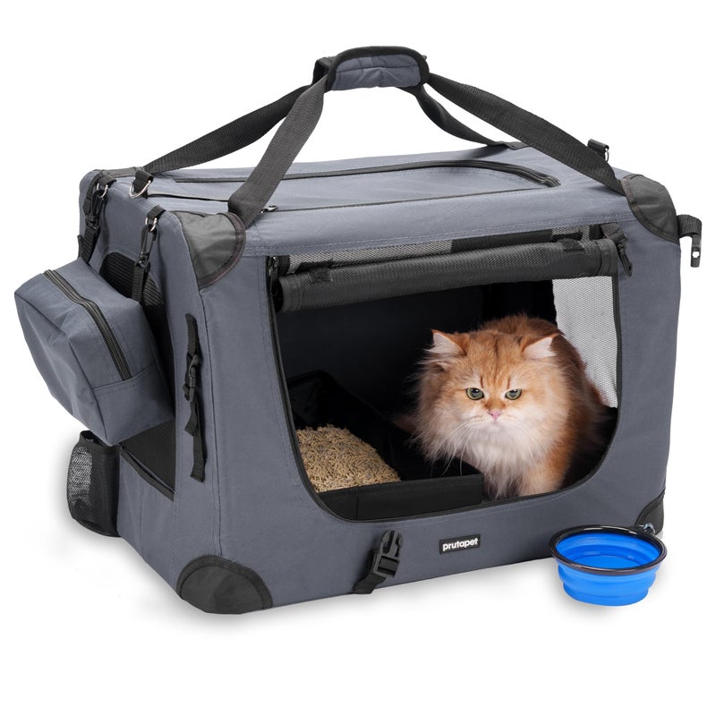 Prutapet Large Cat Carrier 24"x16.5"x16.5" Soft-Sided Portable Pet Crate for Car Traveling with Collapsible Litter Box and Bowl - Image 1
