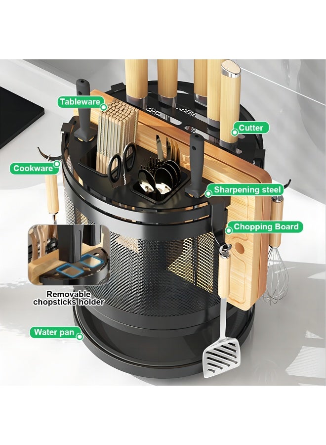 HASTHIP® Universal Multi-Functional Knife Block and Cutting Board Storage Rack, Carbon Steel Detachable Kitchen Utensil Holder Organizer, 360 Degree Rotation, Space-Saving with 4 Hooks (Black) - Image 4
