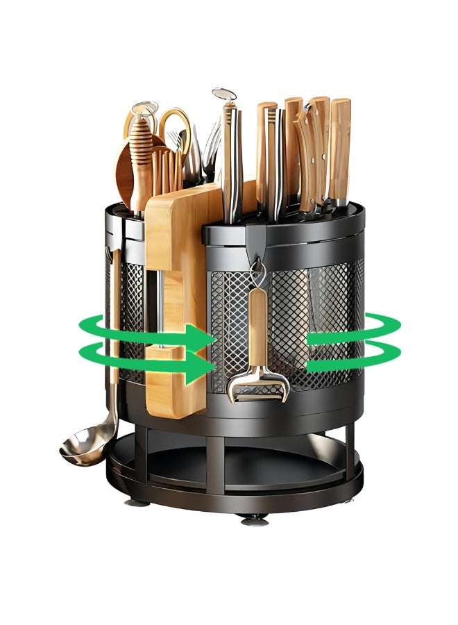 HASTHIP® Universal Multi-Functional Knife Block and Cutting Board Storage Rack, Carbon Steel Detachable Kitchen Utensil Holder Organizer, 360 Degree Rotation, Space-Saving with 4 Hooks (Black) - Image 1