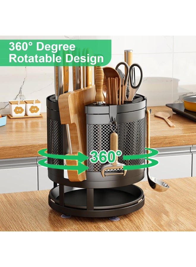 HASTHIP® Universal Multi-Functional Knife Block and Cutting Board Storage Rack, Carbon Steel Detachable Kitchen Utensil Holder Organizer, 360 Degree Rotation, Space-Saving with 4 Hooks (Black) - Image 3