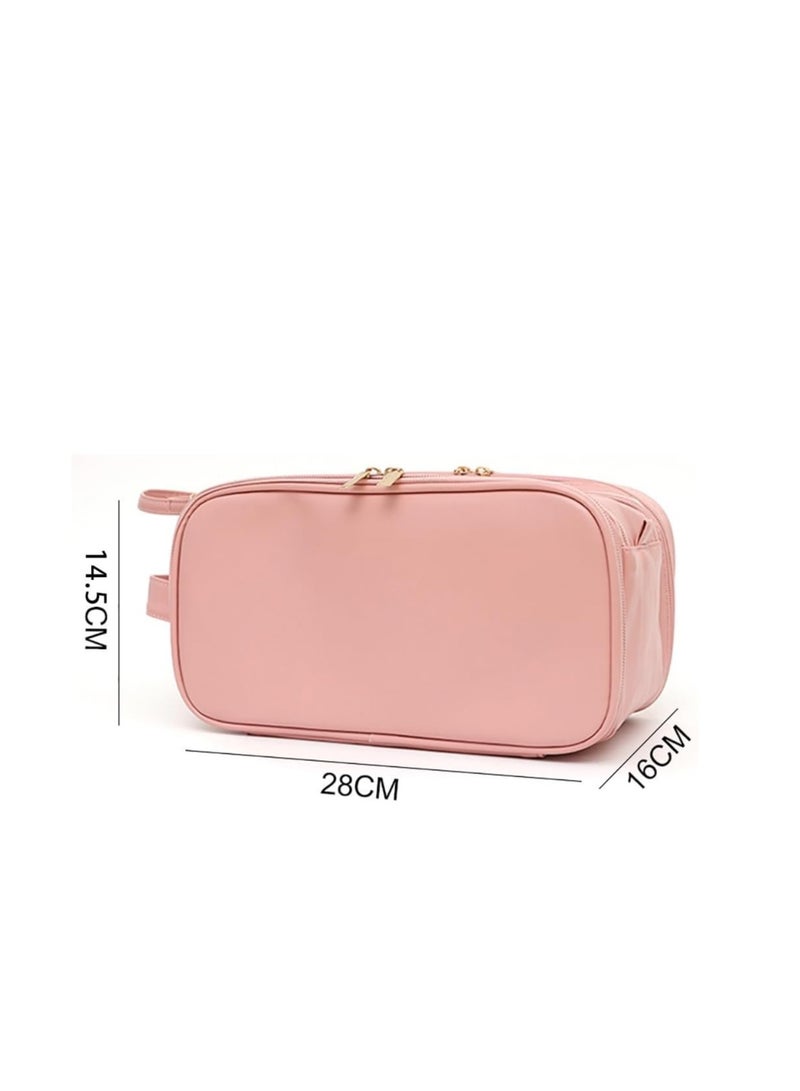 حقيبة مستحضرات التجميل للسفر ذات سعة كبيرة، حقيبة أدوات الزينة بسحاب من جلد البولي يوريثان لمستلزمات الزينة ومستحضرات التجميل وفرشاة المكياج، حقيبة تنظيم المكياج المحمولة المقاومة للماء للسفر والاستخدام المنزلي (بيج) - Image 2
